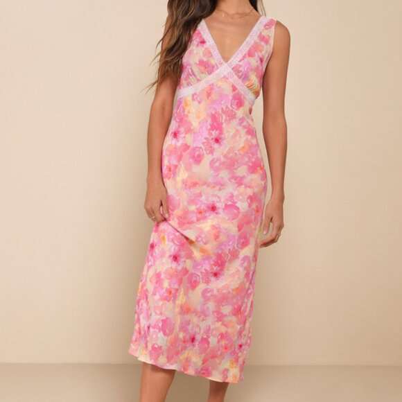 Lulus Picture-perfect Days Pink Multi Floral Lace V-neck Midi Dress - Size XL - Picture 2 of 5